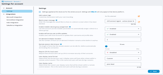 247connect account settings page showing options for add custom logo, blank screen message, enable installer device group assignment, enable self-service profile updates, on-demand invitation duration, remote session idle timeout, require 2FA for local users, user display name format and user display name, with Save and Cancel buttons at the bottom.